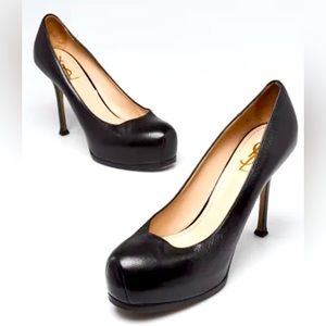 AUTH YSL Yves Saint Laurent Tribtoo 105 Black Grained Leather Pumps - Sz 38.5